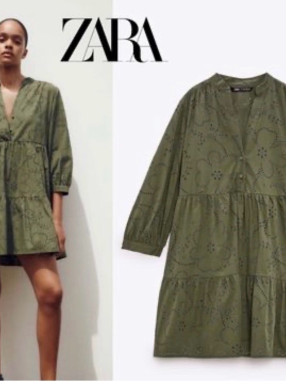 ZARA Olive Eyelet Tiered Mini Dress
